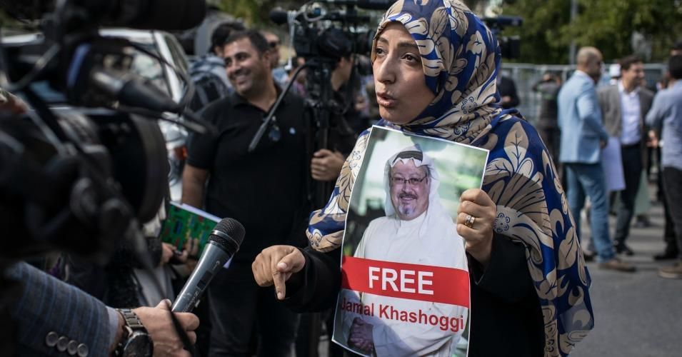 Nobel Prize winner Tawakkol Karman holds a poster of Saudi journalist Jamal Khashoggi while speaking to the media during a protest outside the entrance to the Saudi Arabia Consulate on October 5, 2018 in Istanbul, Turkey.