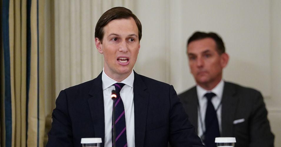 Senior Advisor to President Donald Trump Jared Kushner speaks at a meeting in the State Dining Room of the White House in Washington, DC, on May 8, 2020.