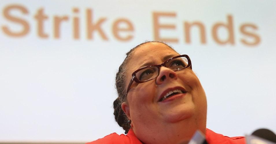 Chicago Teachers Union (CTU) then-president Karen Lewis holds a press conference after CTU delegates voted to end their strike on September 18, 2012 in Chicago