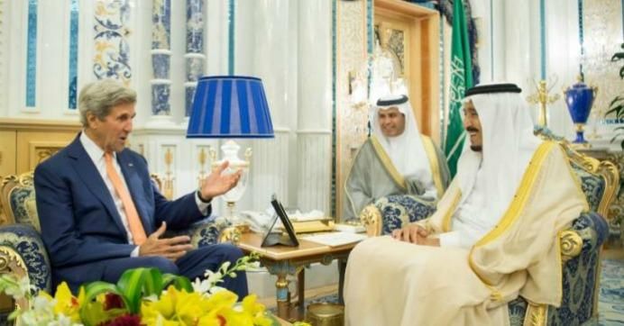 Secretary of State John Kerry meeting with Saudi King Salman. 