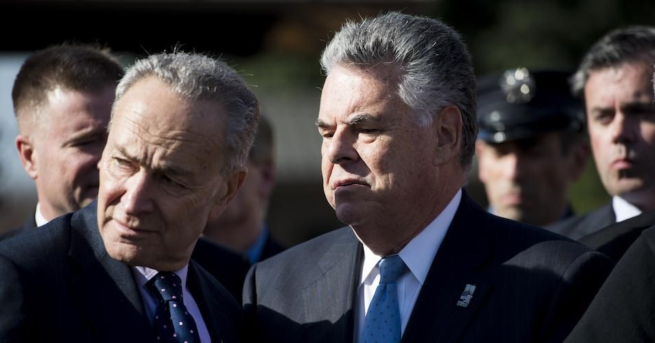 Sen. Chuck Schumer (D-N.Y.) and Rep. Peter King, (R-N.Y.) talk during the press conference calling on passage of the James Zadroga 9/11 Health and Compensation Reauthorization Act outside the Capitol on Tuesday, Nov. 17, 2015. 