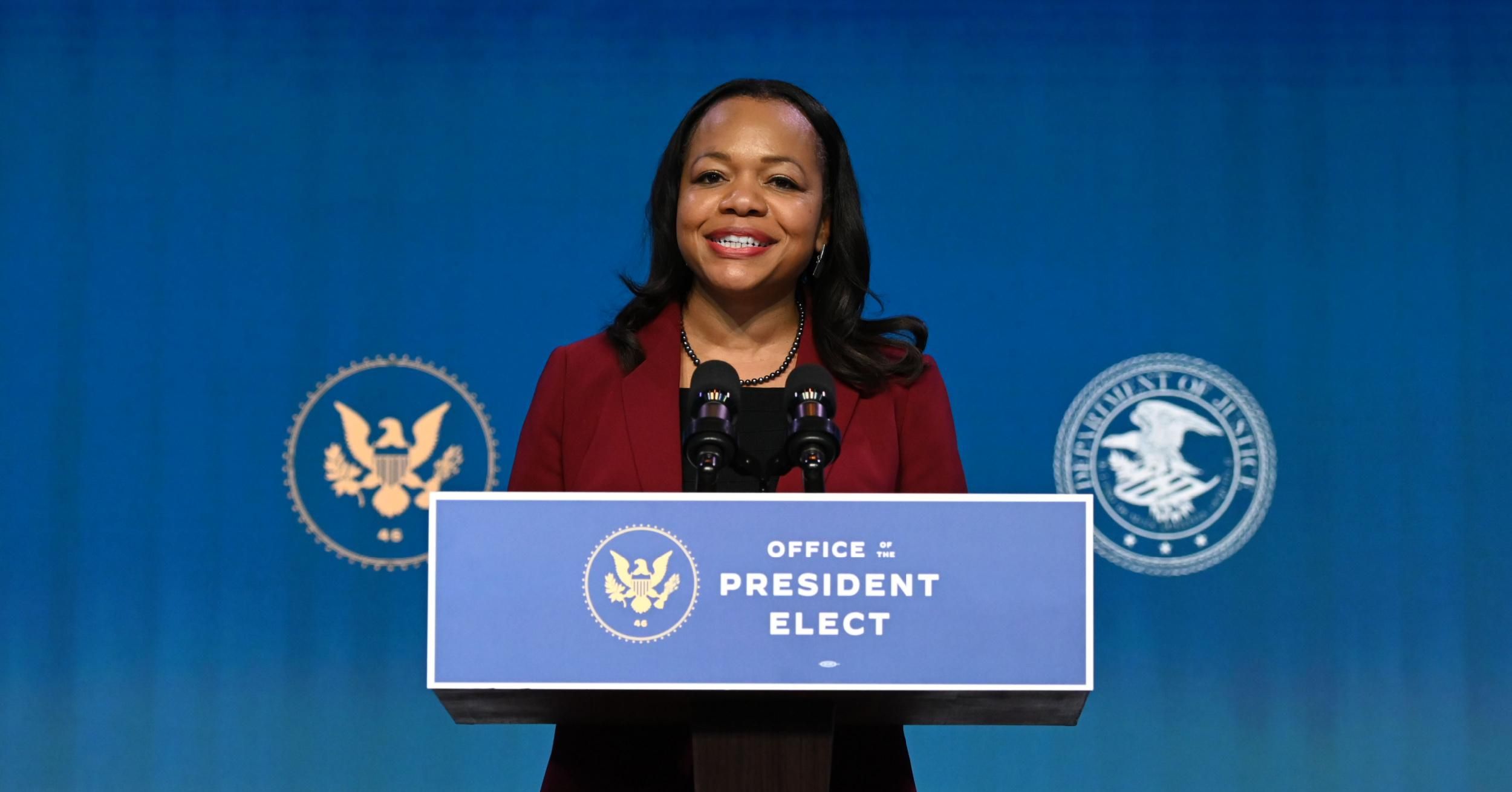 Kristen Clarke, then-nominee for assistant attorney general for civil rights at the U.S. Department of Justice, speaks after being nominated by President-elect Joe Biden at the Queen theater on January 7, 2021 in Wilmington, Delaware. (Photo: Jim Watson/AFP via Getty Images)