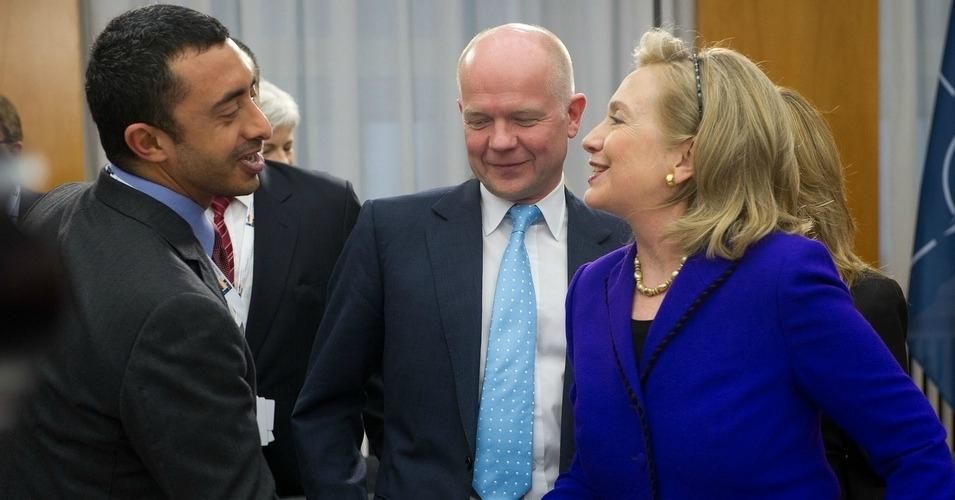 At a meeting of NATO Ministers and Libyan partners that took place in Berlin, Germany in 2011, H.E. Sheikh Abdullah bin Zayed Al Nahyan, Minister of Foreign Affairs of the United Arab Emirates (left), William Hague, Foreign Secretary of the UK (center), and US Secretary of State Hillary Clinton (right) came together to discuss intervention in Libya.