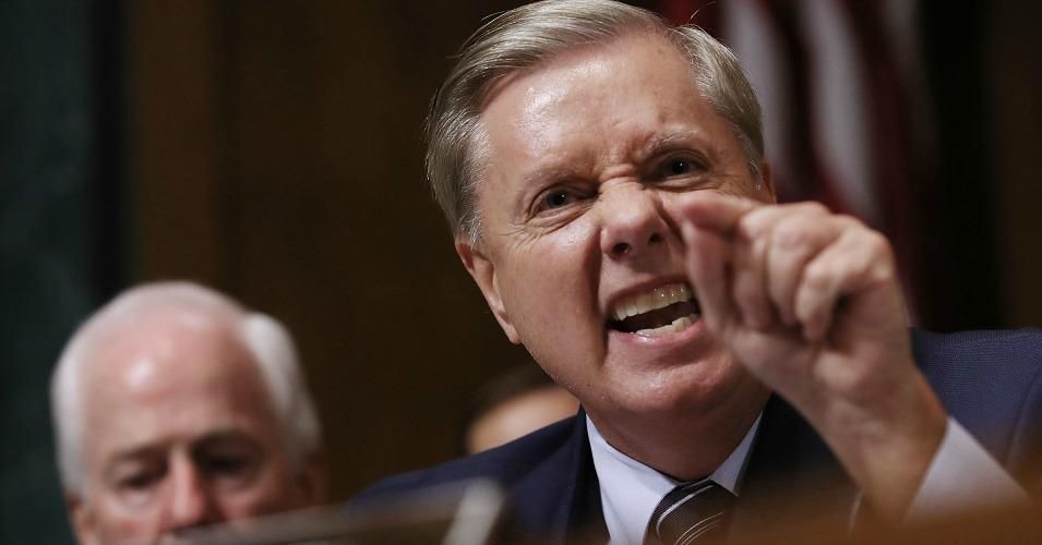 Senate Judiciary Committee member Sen. Lindsey Graham (R-SC) shouts while questioning Judge Brett Kavanaugh during his Supreme Court confirmation hearing in the Dirksen Senate Office Building on Capitol Hill September 27, 2018 in Washington, DC.