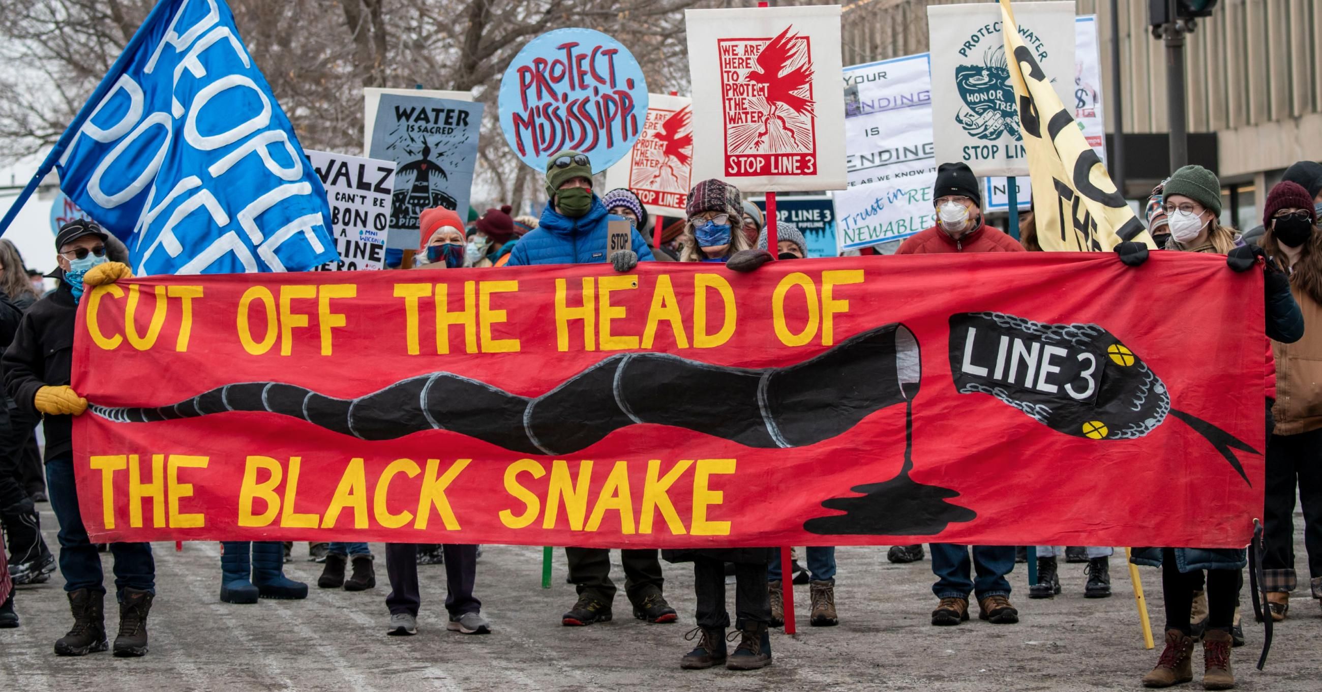 Opponents of the Enbridge Energy Line 3 oil pipeline replacement project protested its construction across northern Minnesota on January 29, 2021(Photo: Michael Siluk/Education Images/Universal Images Group via Getty Images)