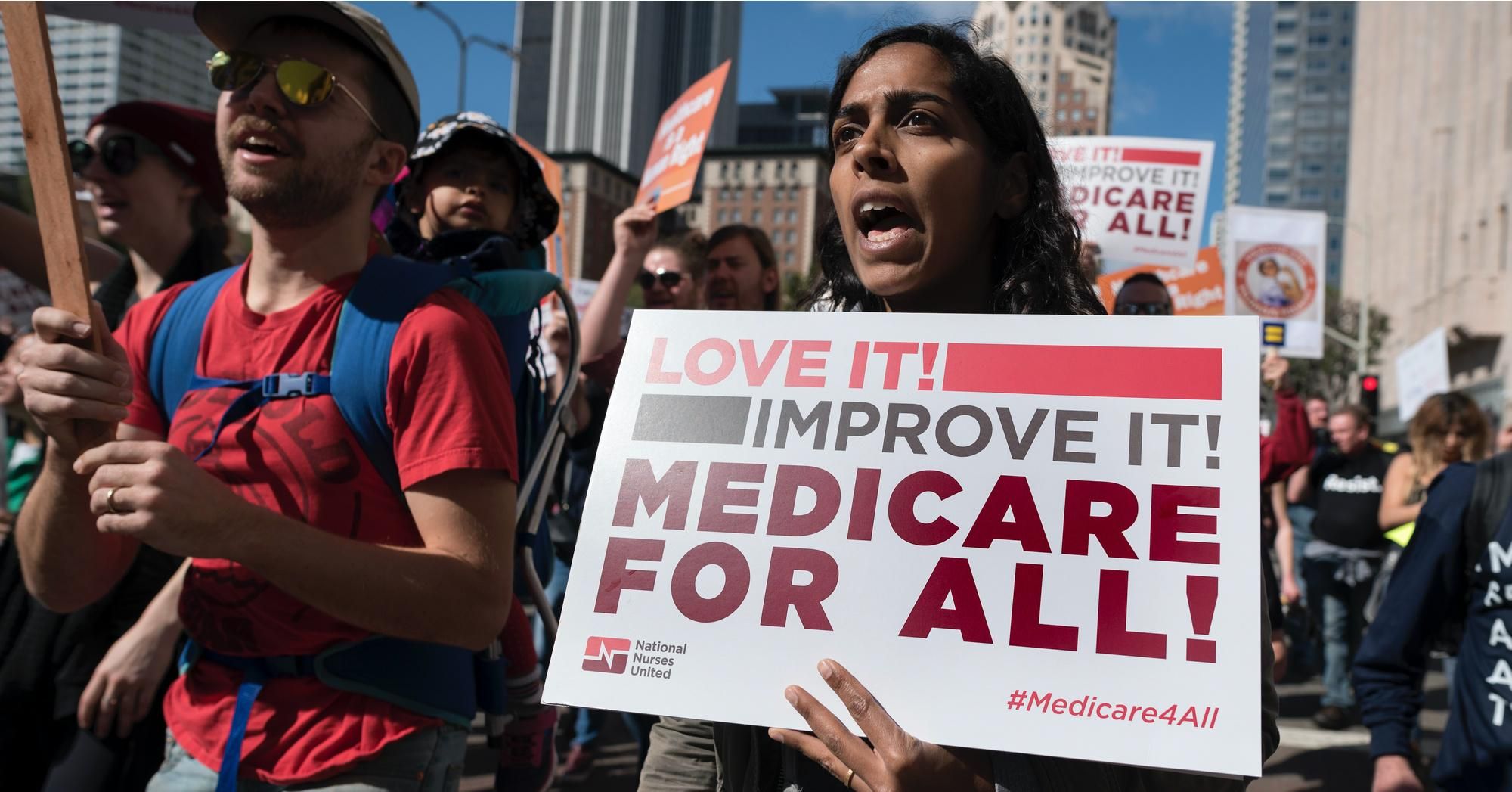 Participants in the Medicare for All Rally in Los Angeles California on February 4, 2017. Organizers called for a single-payer system for Medicare. (Photo by Ronen Tivony/NurPhoto via Getty Images)