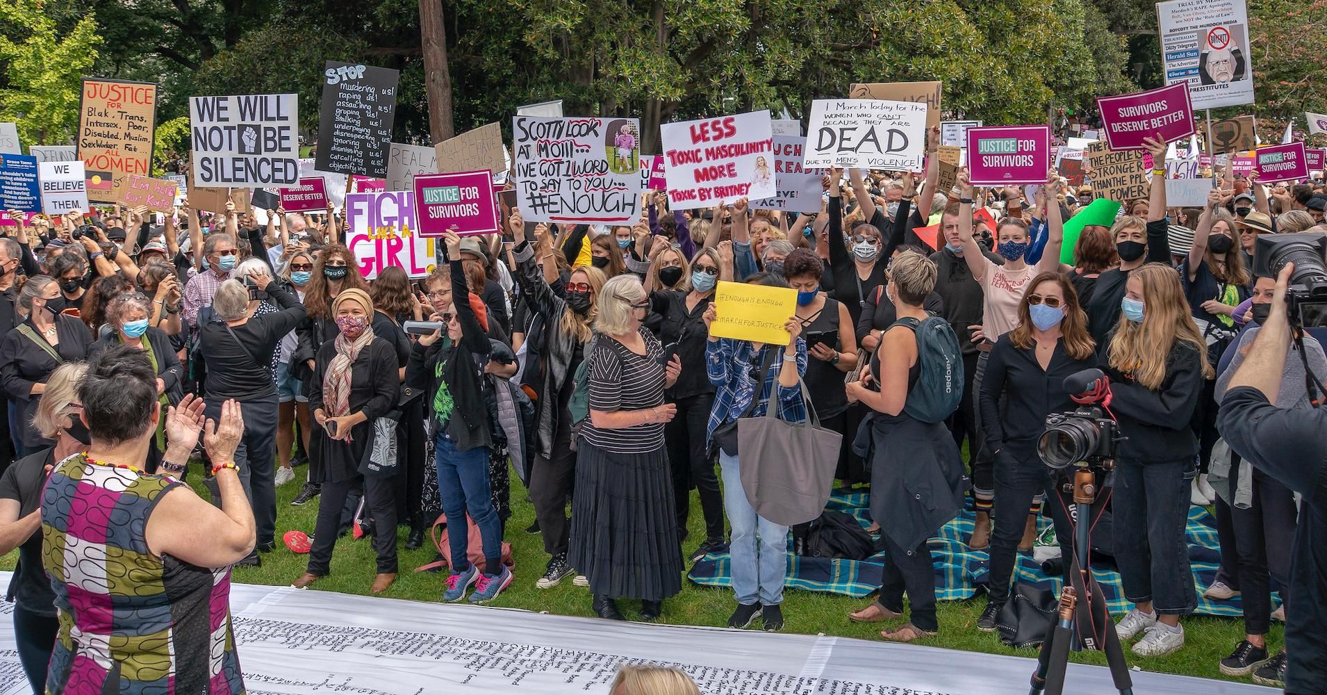 Protesters rally against sexual violence and gender discrimination on March 15, 2021 in Melbourne, Australia. (Photo: Matt Hrkac/Flickr/cc)