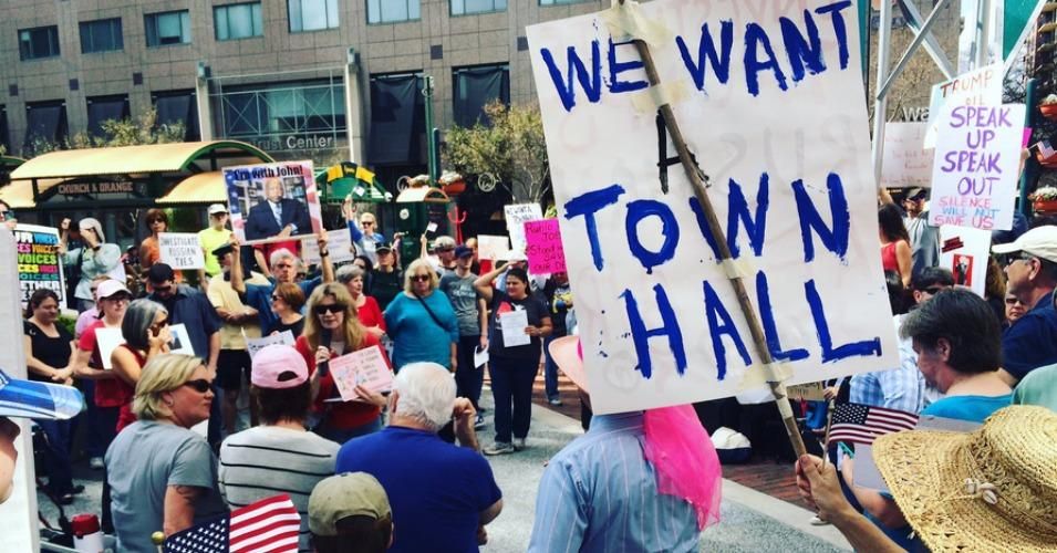 Protesters in Orlando demand Sen. Marco Rubio (R-Fl.) hold a town hall.