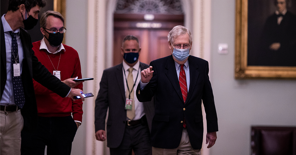 Senate Majority Leader Mitch McConnell (R-Ky.) arrives on Capitol Hill on December 20, 2020 in Washington, D.C.