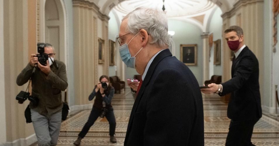 Senate Majority Leader Mitch McConnell (R-Ky.) walks to the Senate Floor at the U.S. Capitol in Washington, D.C. on December 18, 2020.