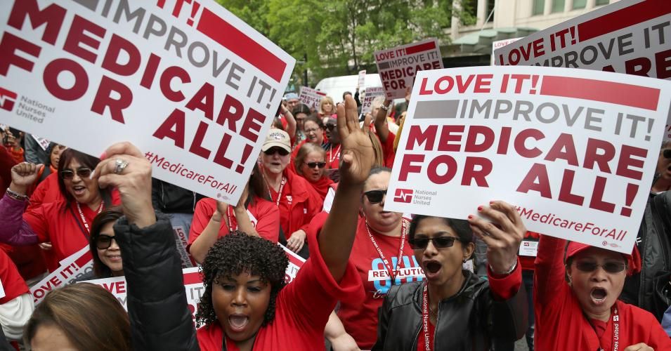 Protesters supporting “Medicare for All” hold a rally outside PhRMA headquarters April 29, 2019 in Washington, DC. The rally was held by the group Progressive Democrats of America. (Photo by Win McNamee/Getty Images)