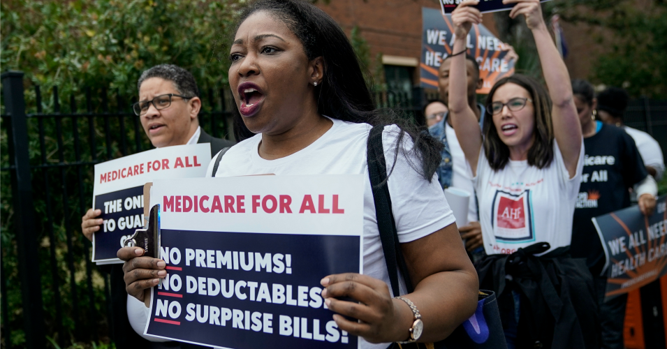 Supporters of "Medicare For All" demonstrate outside of the Charleston Gaillard Center ahead of the Democratic presidential debate on February 25, 2020 in Charleston, South Carolina. South Carolina holds its Democratic presidential primary on Saturday, February 29. (Photo: Drew Angerer/Getty Images)