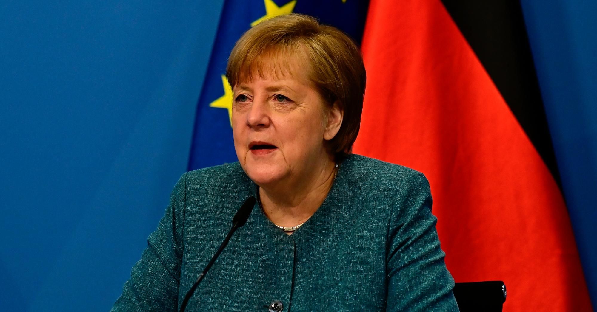 German Chancellor Angela Merkel attends a digital discussion at the Chancellery in Berlin on May 7, 2021.