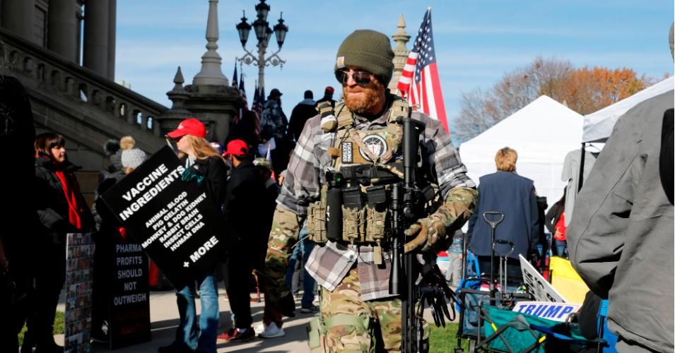 People gather at the Michigan state capitol for a so-called "Stop the Steal" rally in support of outgoing President Donald Trump on November 14, 2020, in Lansing, Michigan. (Photo: Jeff Kowalsky/AFP via Getty Images)