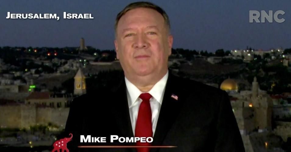 In this screenshot from the RNC's livestream of the 2020 Republican National Convention, U.S. Secretary of State Mike Pompeo addresses the virtual convention in a prerecorded video from Jerusalem, Israel on August 25, 2020. (Photo: Committee on Arrangements for the 2020 Republican National Committee via Getty Images)