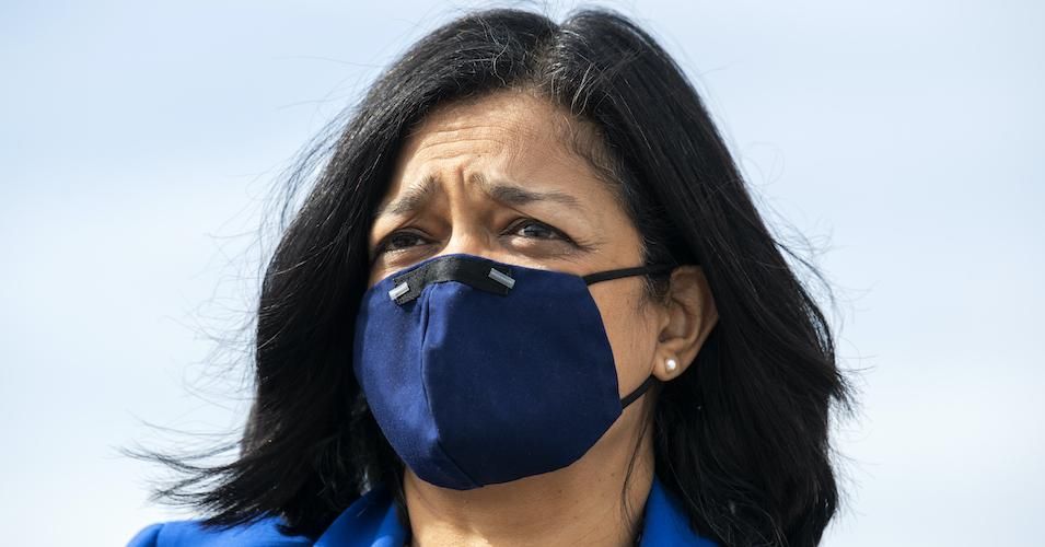 Rep. Pramila Jayapa (D-Wash.) is seen on the House steps of the Capitol during a vote on the Protecting America's Wilderness and Public Lands Act, on Friday, February 26, 2021. 