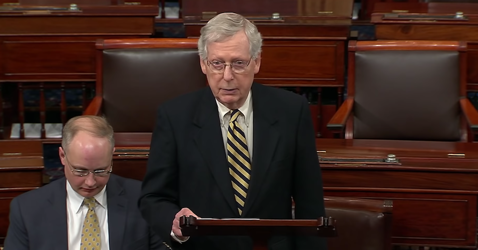 Senate Majority Leader Mitch McConnell addresses the chamber on March 25, 2019.