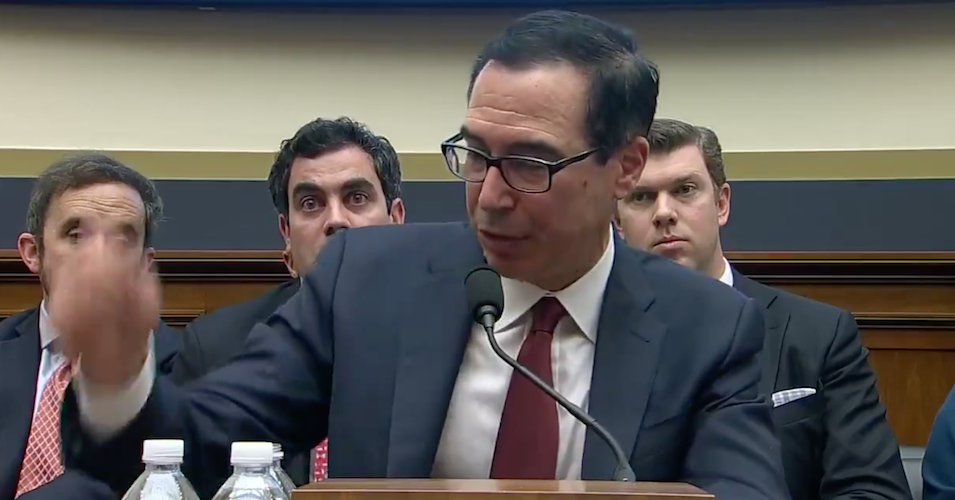 Treasury Secretary Steve Mnuchin gives Rep. Maxine Waters instructions on how to use her gavel. The advice was not appreciated. 