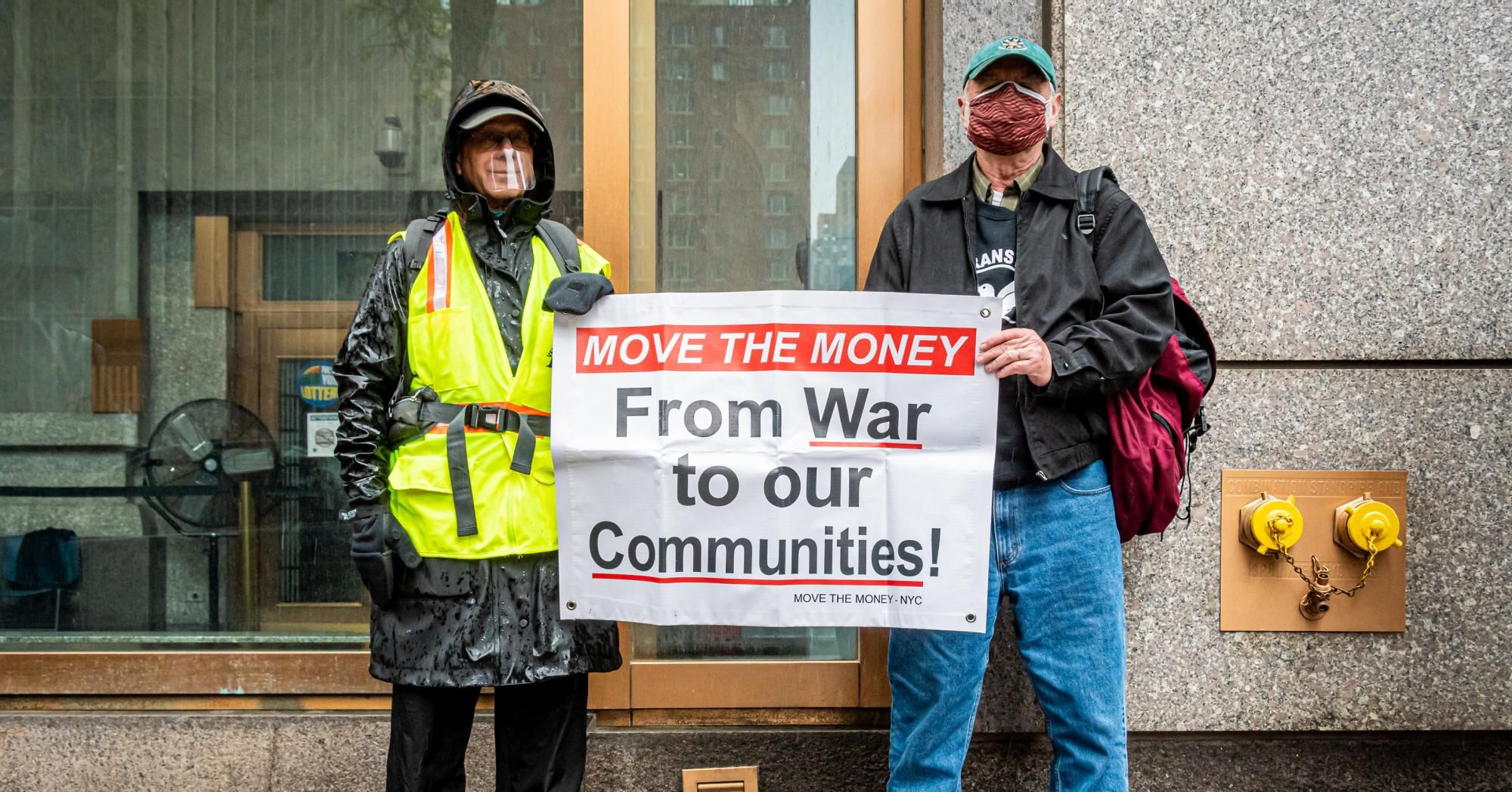 Peace activists gathered outside the Internal Revenue Service offices in Manhattan on April 15, 2021 to protest against spending federal tax dollars on the Pentagon and U.S. wars. (Photo: Erik McGregor/LightRocket via Getty Images)
