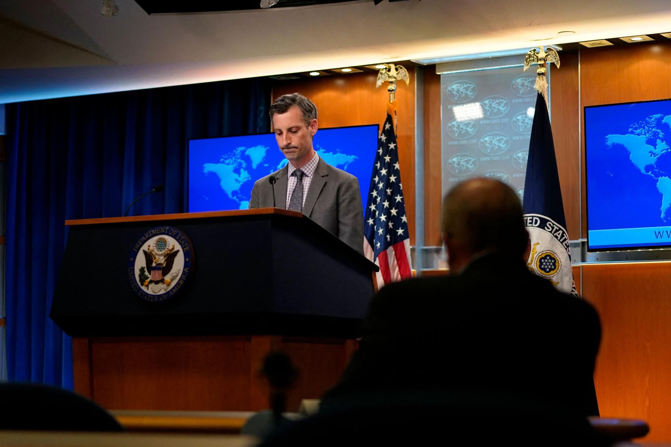 U.S. State Department spokesman Ned Price listens to questions from reporters during a press briefing at the State Department in Washington, D.C. on March 31, 2021.