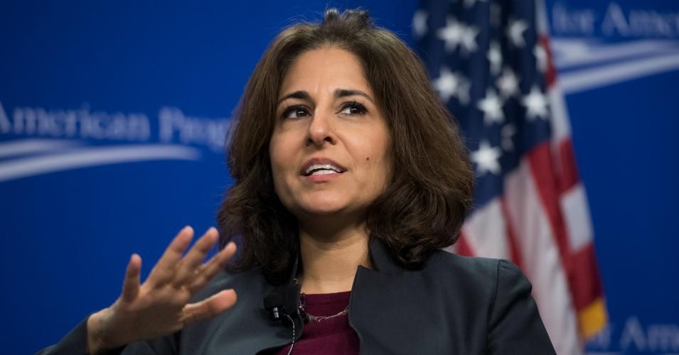 Neera Tanden, president of the Center for American Progress, moderates a discussion on February 12, 2018.