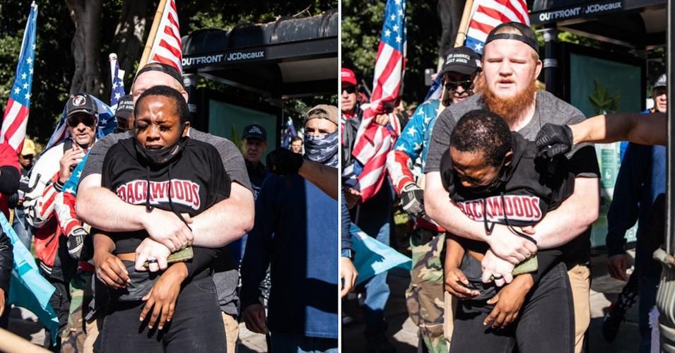 Berlinda Nibo of Los Angeles was viciously attacked by supporters of President Donald Trump at a "Stop the Steal" rally in downtown LA on January 6, 2021.(Images: Racquel Natalicchio via screenshot Twitter/@RaquelNPhoto)