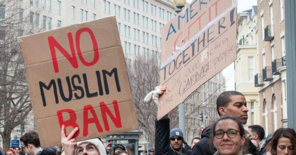 no Muslim ban signs at protest