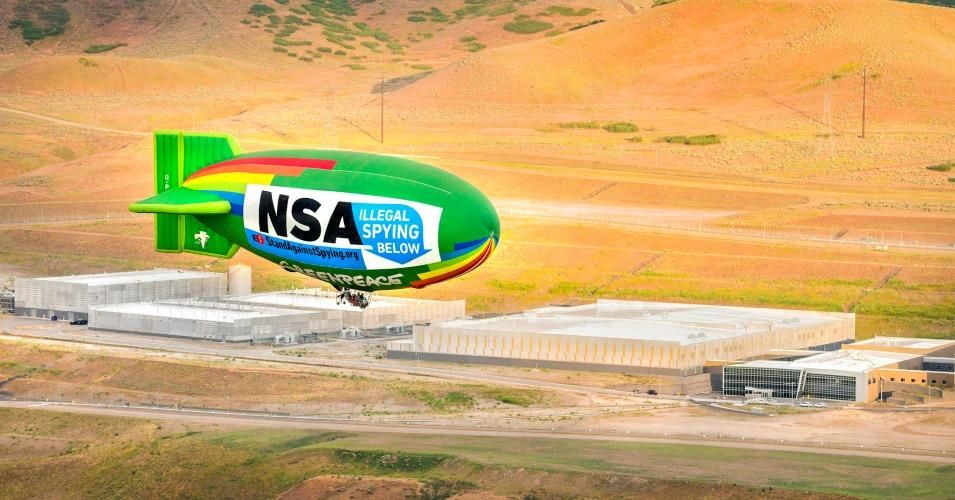 A coalition of grassroots groups flew an airship above NSA data center in Bluffdale, Utah to protest the U.S. government's unconstitutional mass surveillance program in 2013.