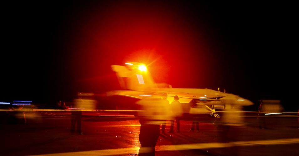 An F/A-18E Super Hornet from the "Sidewinders" of Strike Fighter Squadron (VFA) 86 launches from the flight deck of the Nimitz-class aircraft carrier USS Abraham Lincoln (CVN 72) May 10, 2019 in the Red Sea. 