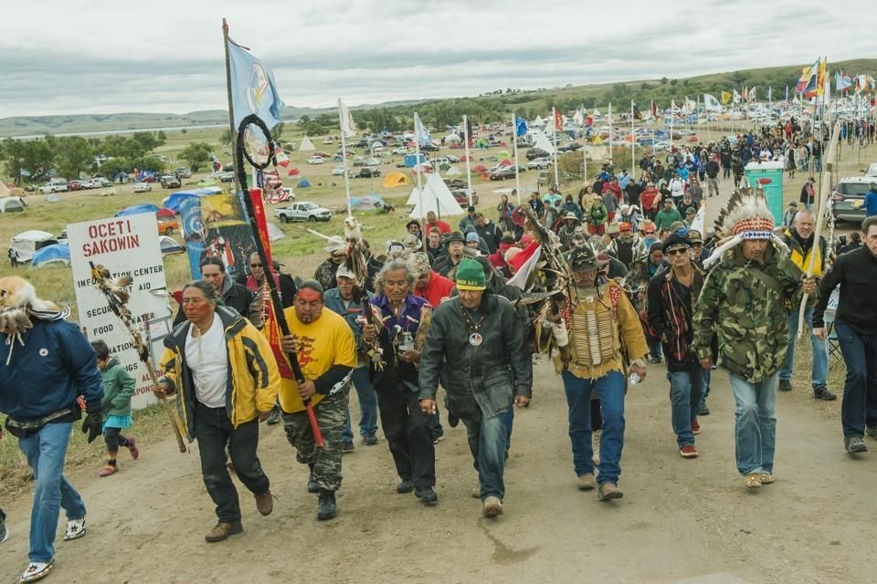 Water protectors march against the Dakota Access Pipeline.