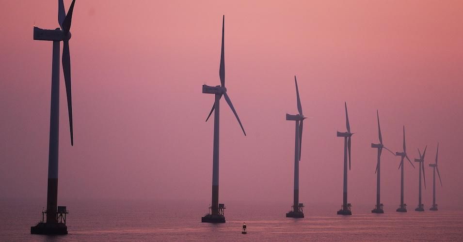 Shanghai Donghai Bridge's 100mw offshore wind power project is China's first national offshore wind power demonstration project in the early morning light of morning in Shanghai, Oct. 4, 2019.