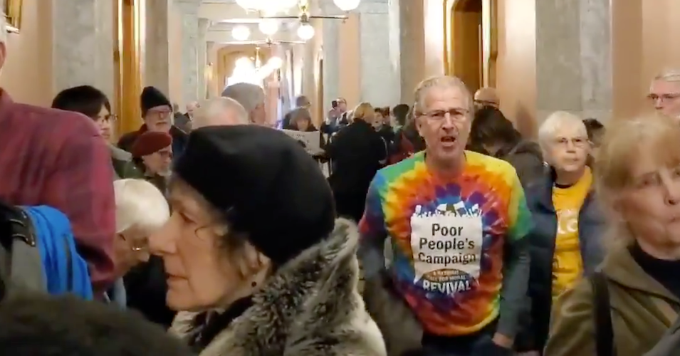 Protesters against an Ohio law criminalizing anti-pipeline protest filled the hall outside a hearing room in the statehouse Wednesday. 