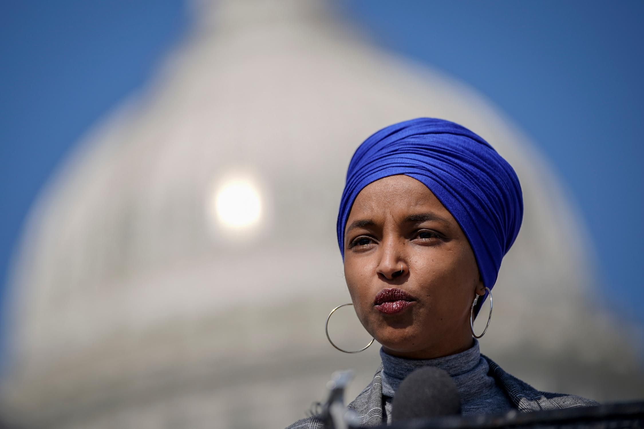 Rep. Ilhan Omar (D-Minn.) speaks during a news conference outside the U.S. Capitol on March 11, 2021 in Washington, D.C.