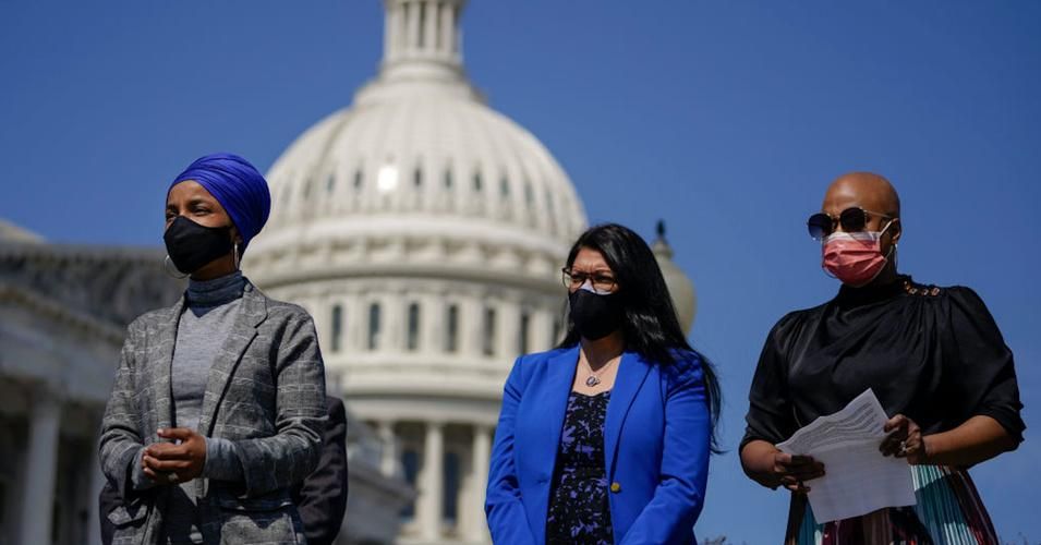 Rep. Ilhan Omar (D-MN), Rep. Rashida Tlaib (D-MI), and Rep. Ayanna Pressley (D-MA) attend a news conference to discuss proposed legislation entitled Rent and Mortgage Cancellation Act outside the U.S. Capitol on March 11, 2021 in Washington, DC. The bill aims to institute a nationwide cancellation of rents and home mortgage payments through the duration of the coronavirus pandemic. (Photo by Drew Angerer/Getty Images)