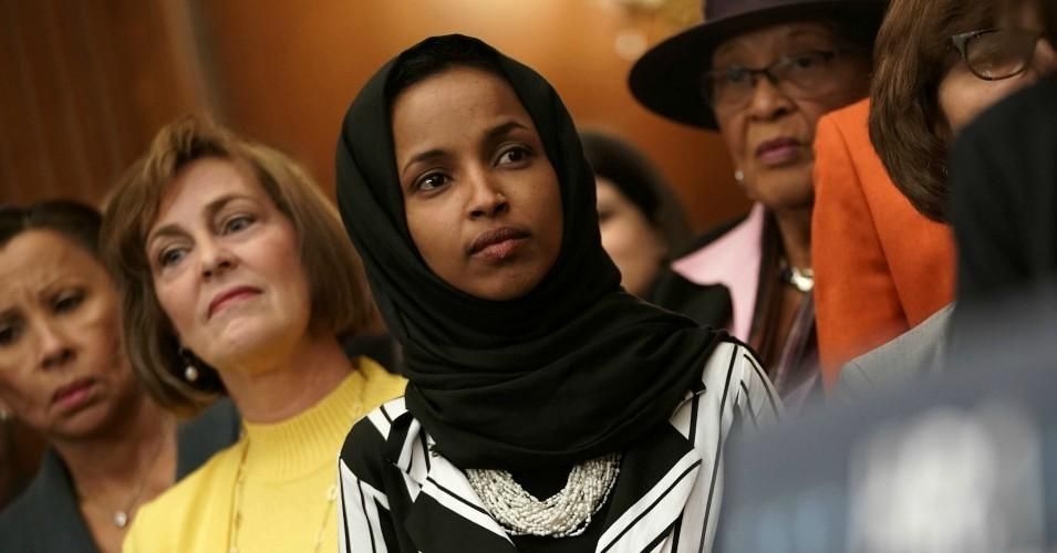 U.S. Rep. Ilhan Omar (D-MN) (3rd L) listens during a news conference at the U.S. Capitol January 4, 2019 in Washington, DC. (Photo: Alex Wong/Getty Images)