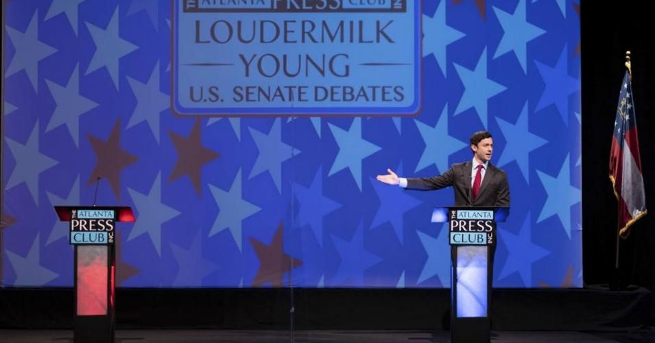An empty podium where Sen. David Perdue (R-Ga.) would have stood had he shown up for a debate with Democratic challenger Jon Ossoff on December 6, 2020.