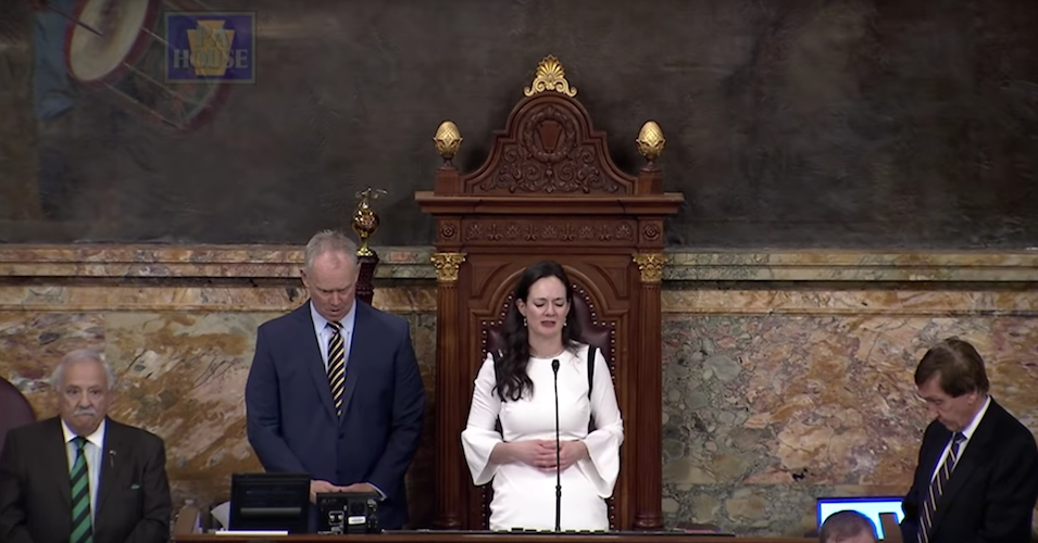 Pennsylvania state Rep. Stephanie Borowicz delivers a controversial prayer at the statehouse Monday. 