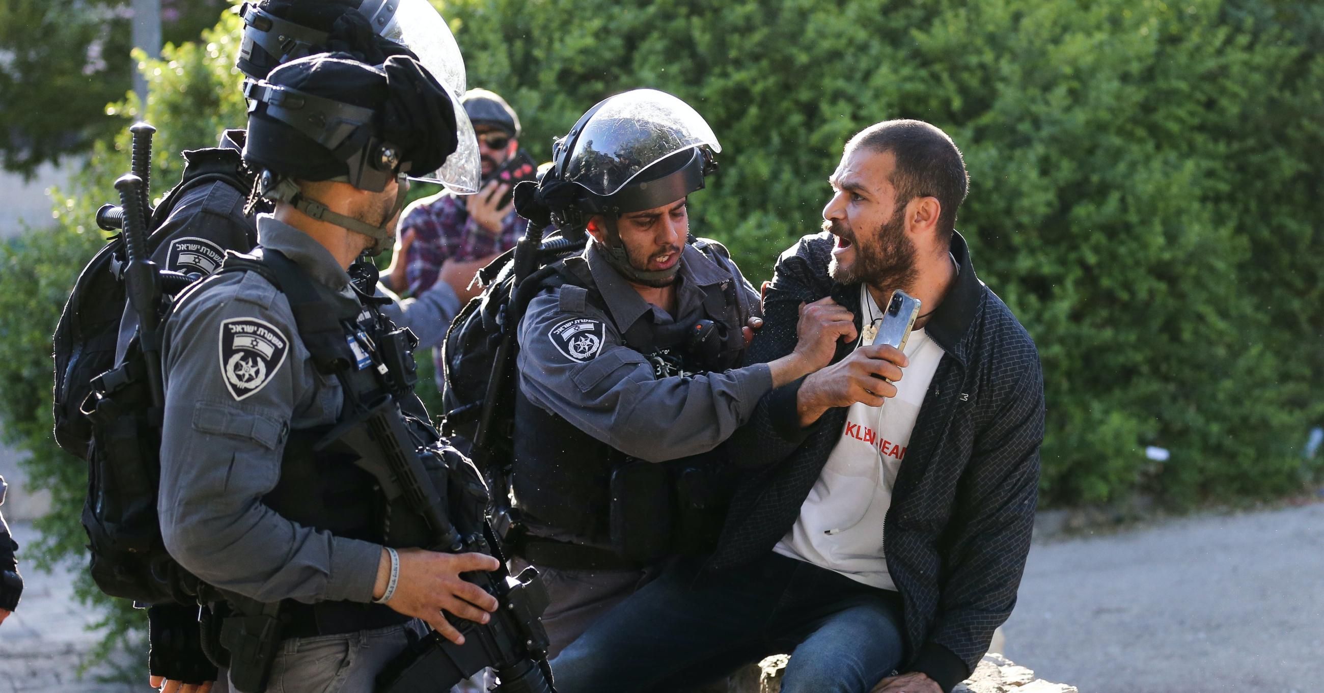 Israeli forces move in to break up a Palestinian demonstration in the Sheikh Jarrah neighborhood of illegally occupied East Jerusalem on May 22, 2021. (Photo: Mostafa Alkharouf/Andalou Agency via Getty Images) 