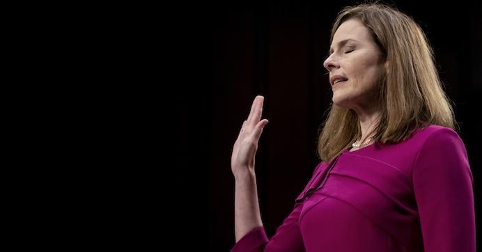 Supreme Court nominee Judge Amy Coney Barrett is sworn in on the first day of her Supreme Court confirmation hearing before the Senate Judiciary Committee on Capitol Hill on October 12, 2020 in Washington, D.C. 