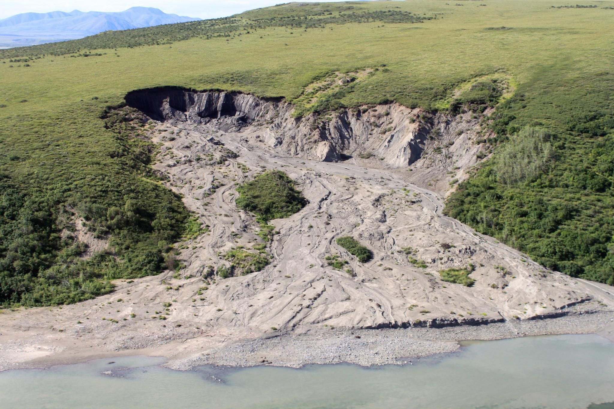 In Noatak National Preserve, Alaska, an exceptionally warm summer in 2004 triggered this 300m long slump associated with thawing permafrost.