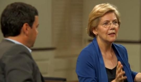 Thomas Piketty sits with Sen. Elizabeth Warren during their discussion with the Huffington Post on Monday in Boston. (Screenshot)