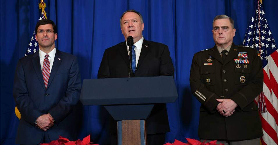 U.S. Secretary of State Mike Pompeo, Secretary of Defense Mark Esper, and Chairman of the Joint Chiefs of Staff Mark A. Milley speak on stage during a briefing on the past 72 hours events in Mar-a-Lago, Palm Beach, Florida on December 29, 2019.
