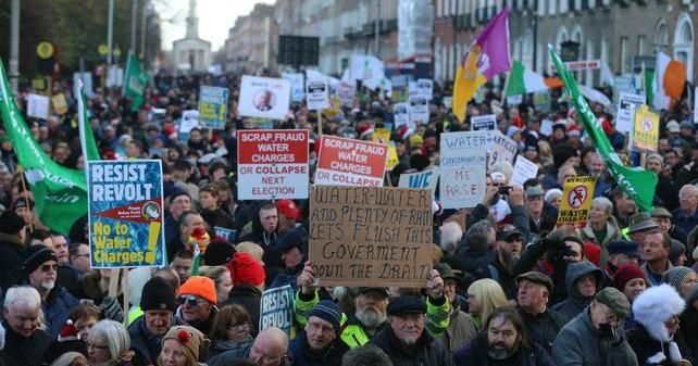 Crowds gather for the Right2Water anti-water charges protest outside Leinster House in Dublin, Ireland December 10, 2014. (Photo: RTÉ)