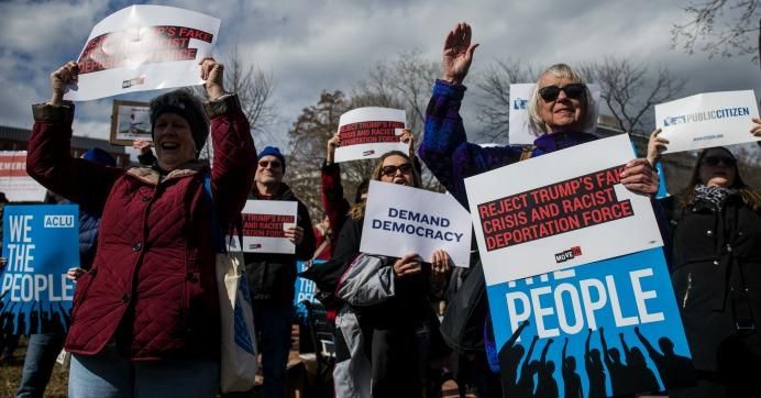 Demonstrators gather in Lafayette Square during a demonstration organized by the American Civil Liberties Union (ACLU) protesting President Donald Trump's declaration of emergency powers on February 18, 2019 in Washington, D.C.