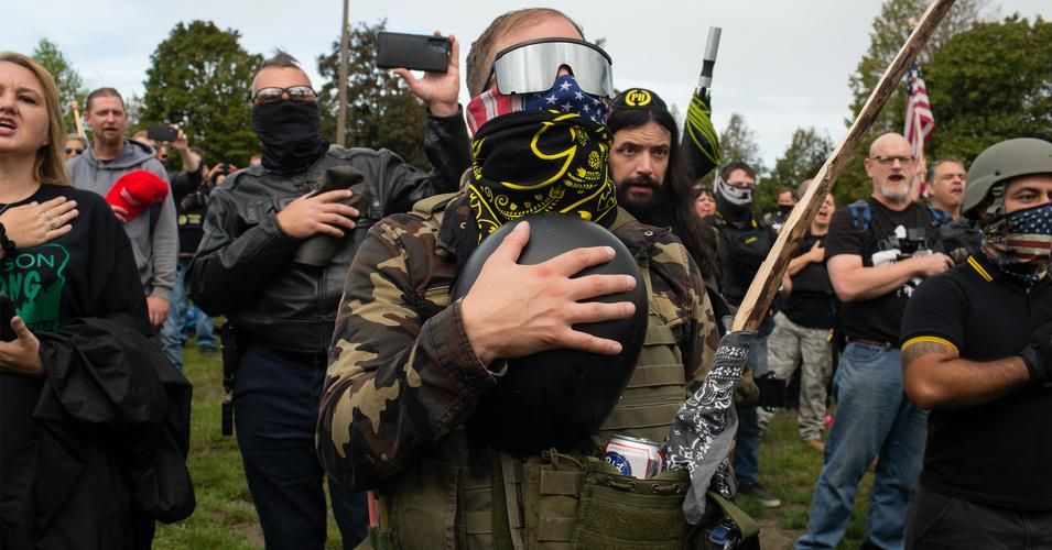 Members of the Proud Boys militia, a sometimes violent group that support President Donald Trump, rally in Portland, Oregon on September 26, 2020. (Photo: Andrew Lichtenstein/Corbis via Getty Images)