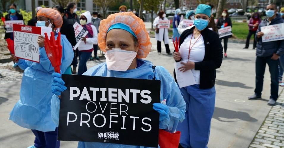 Public health workers, doctors, and nurses protest over lack of sick pay and personal protective equipment outside a hospital in the Bronx on April 17, 2020.