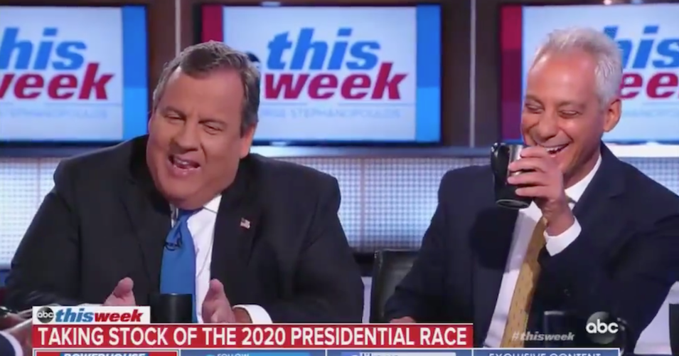 Chris Christie and Rahm Emanuel share a laugh during a segment attacking Medicare for All on ABC's "This Week." 