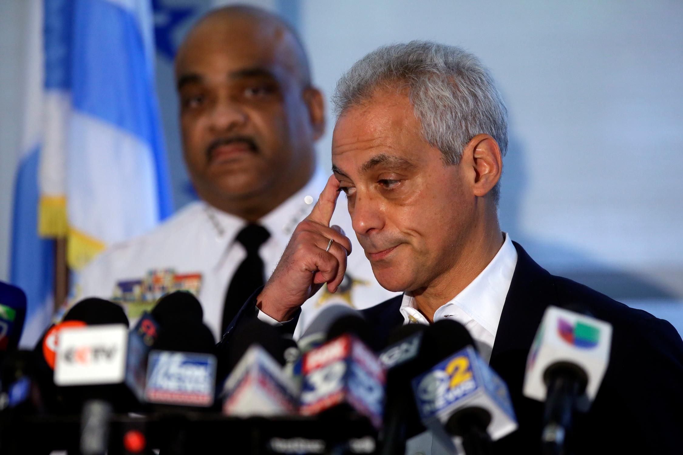 Former Chicago Mayor Rahm Emanuel speaks during a news conference at the Chicago Police Department's 6th District station on August 6, 2018.
