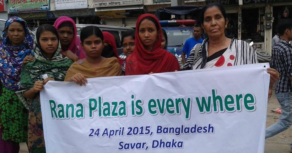 Feminist actions are sweeping the globe Friday to honor and demand justice for the 1,138 people, most of them women, killed in the Rana Plaza disaster two years ago. (Photo courtesy of World March of Women)