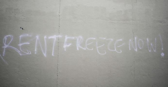 Grafitti that reads RENTFREEZE NOW! during the COVID-19 coronavirus pandemic on March 22, 2020 in New York City. 